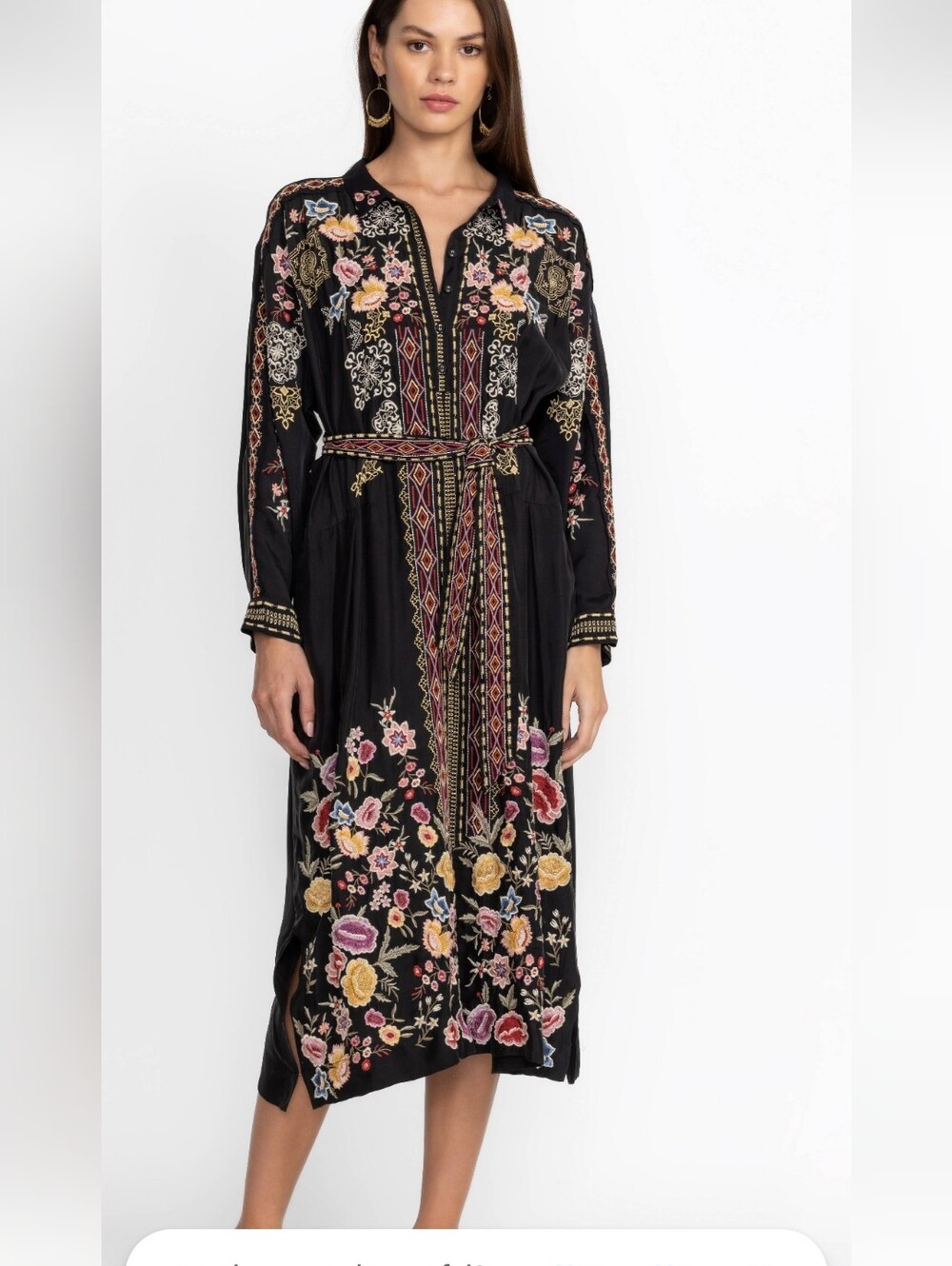 Johnny WAS Biya Failie Flor Black Embroidered Long-Sleeve Midi Dress